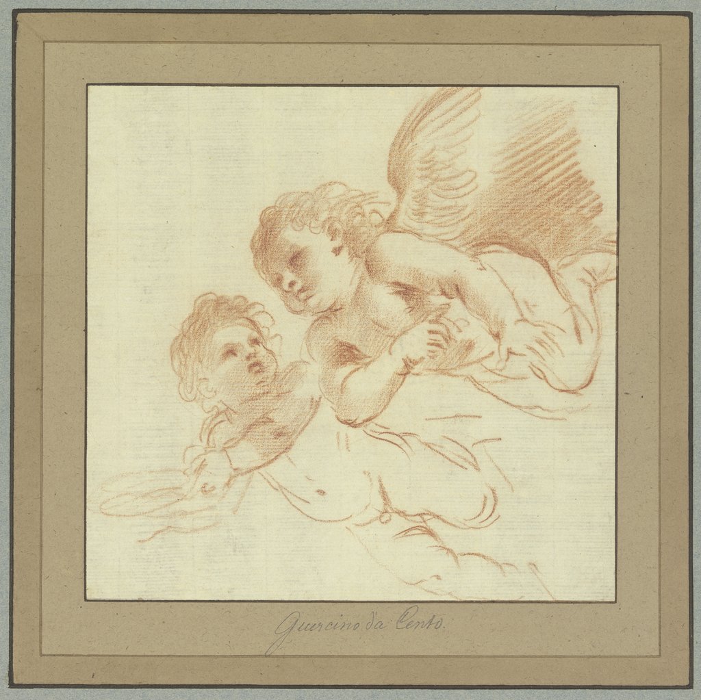 Two cupids flying towards the left, Guercino (Giovanni Francesco Barbieri);   attributed