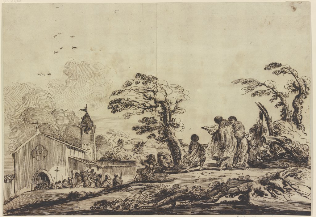 Bei einem Sturm wird im Freien die Messe gelesen, links ein Toter in die Kirche getragen, Guercino (Giovanni Francesco Barbieri);  imitator