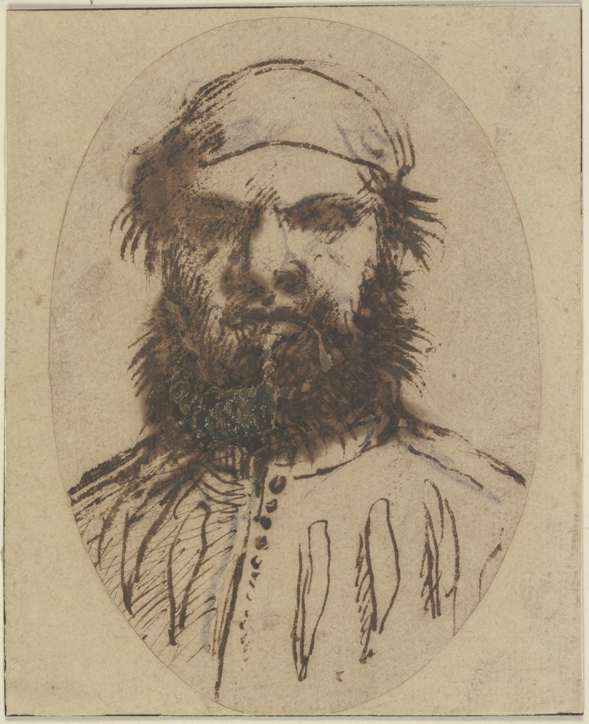 Bärtiger Mann mit einer kleinen Mütze, Guercino (Giovanni Francesco Barbieri);   ?, Pier Francesco Mola