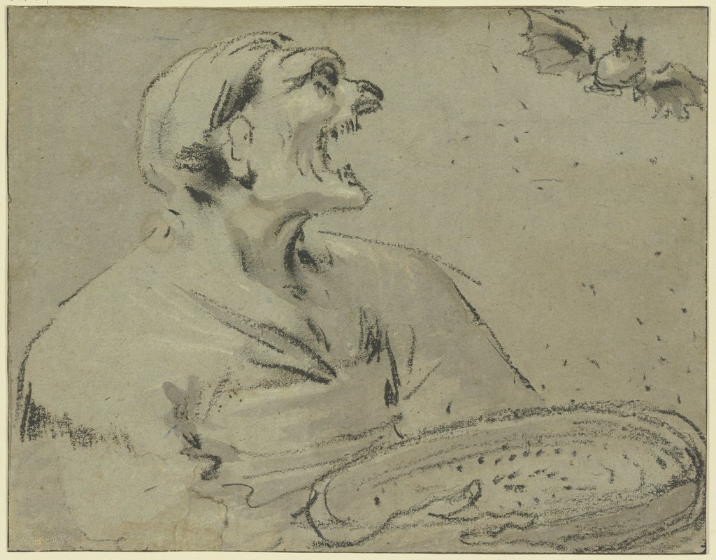 Fratzengesicht, nach einer Fledermaus sehend, Guercino (Giovanni Francesco Barbieri);   zugeschrieben