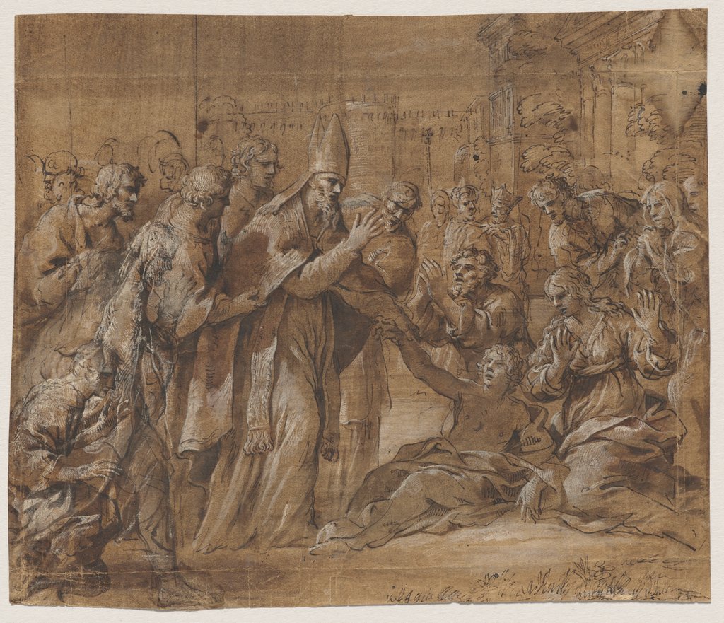 Bishop healing a sick person, Pietro Paolo Baldini;   attributed