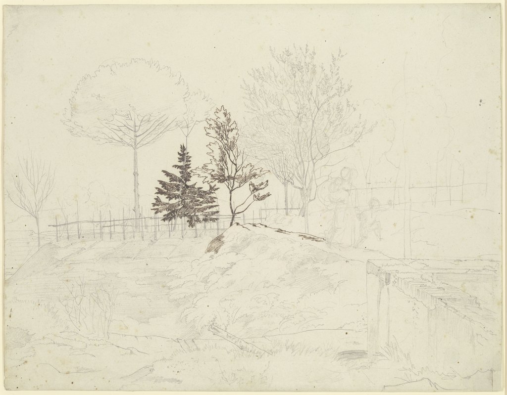 Landschaft bei Rom: Garten mit Weinstöcken, Bäumen und einer Mauerecke vorne rechts, im Garten eine Frau mit zwei Kindern, Carl Philipp Fohr