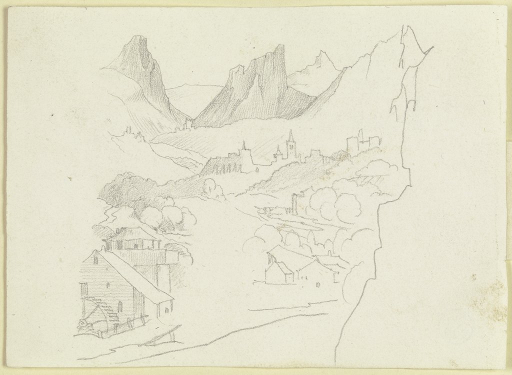 Tal im Hochgebirge mit Mühlen, Höfen und Burgen, Carl Philipp Fohr