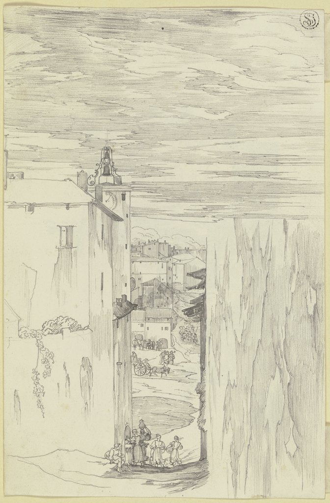 Blick eine Straße hinunter auf einen Platz in einer italienischen Stadt; rechts unten Wolkenstudien, Carl Philipp Fohr