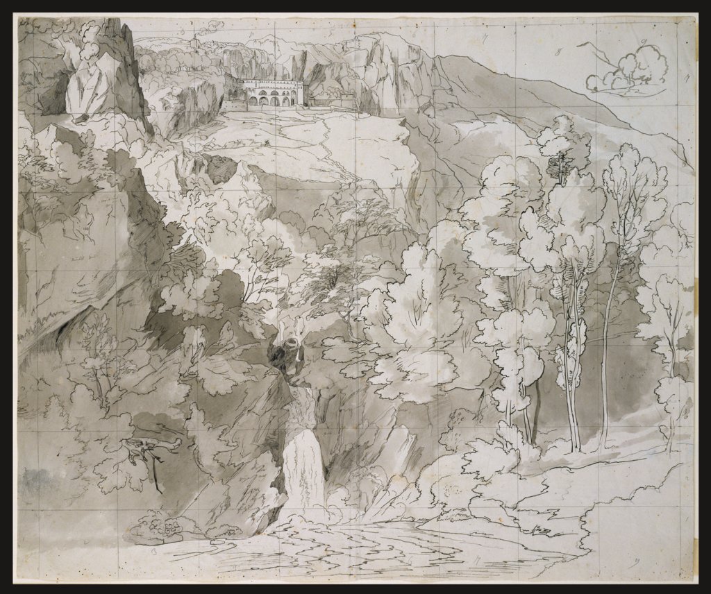 Landscape near Subiaco with a Waterfall and San Benedetto Monastery, Carl Philipp Fohr