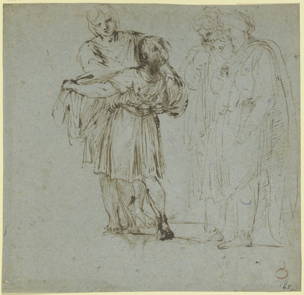 A boy lifting a load up to a man, two further men standing nearby, Annibale Carracci;   attributed