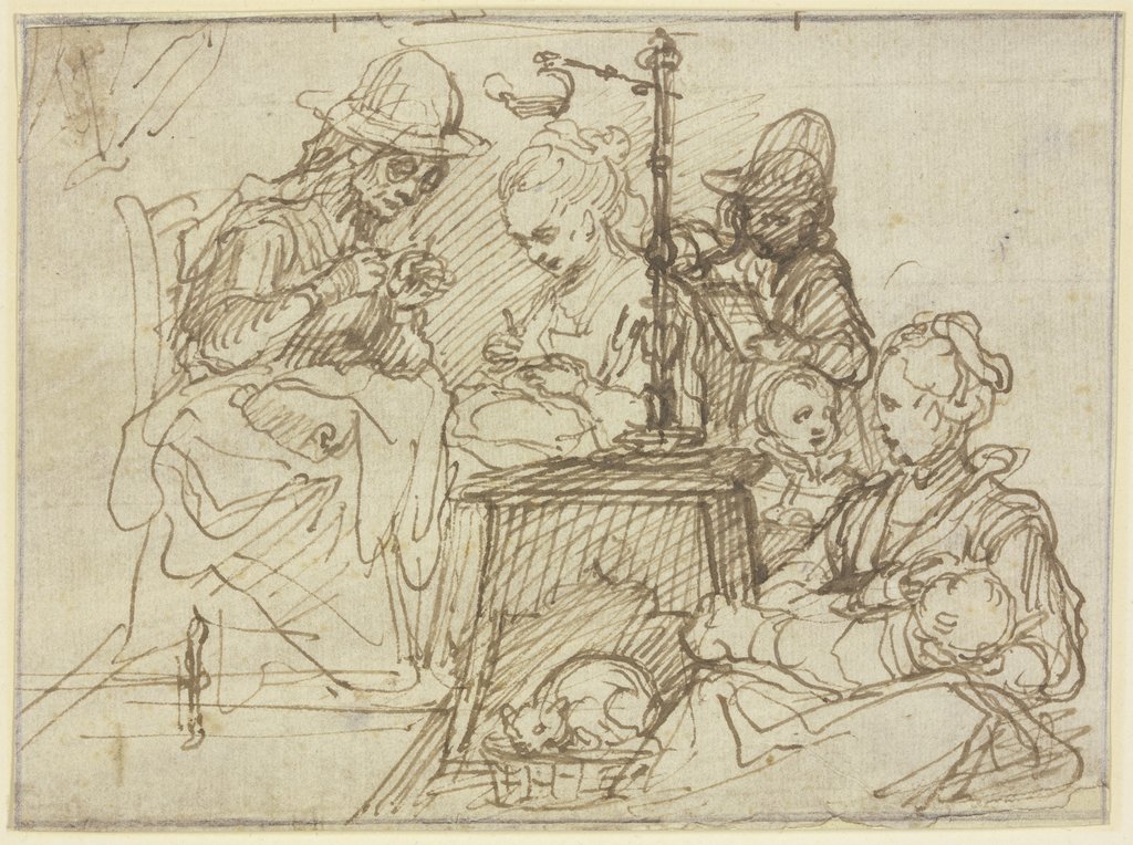 Domestic family scene, Francesco Vanni;   attributed, Giovanni Battista Galestruzzi;   ?