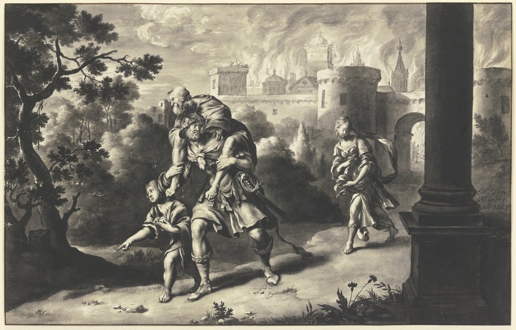 Aeneas rescues Anchises from burning Troy, Willem van Mieris