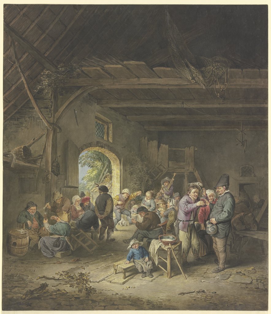 Celebrating farmers in a barn, Jacobus Buys, after Adriaen van Ostade