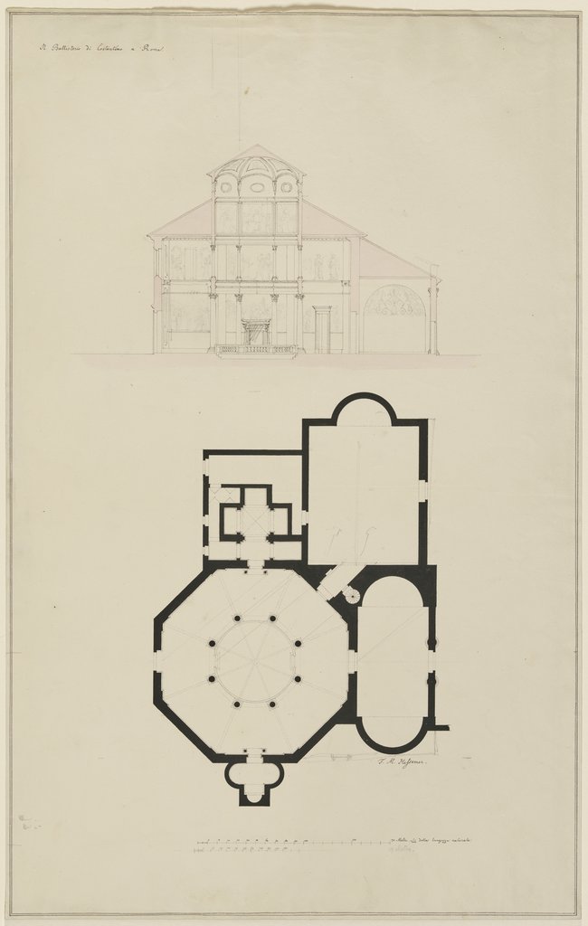 Schnitt und Grundriss von S. Giovanni in Fonte in Rom, Friedrich Maximilian Hessemer