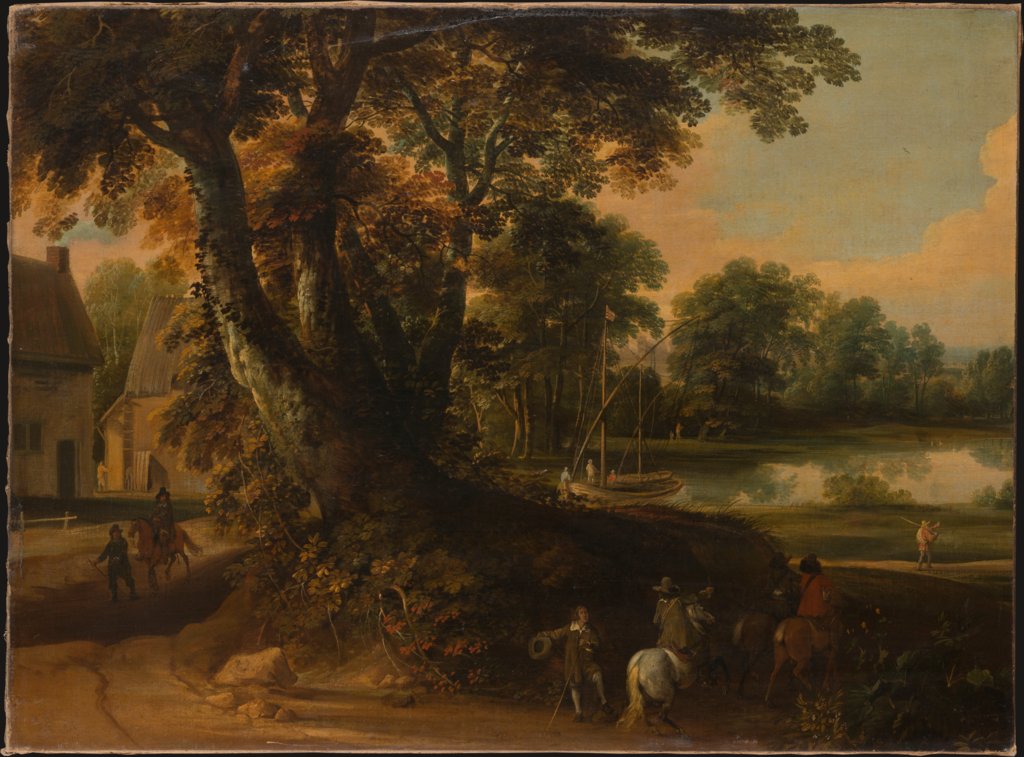 Landscape with a Group of Trees at the Shore of a Lake, Three Riders on the Road in the Foreground, Jacques d' Arthois