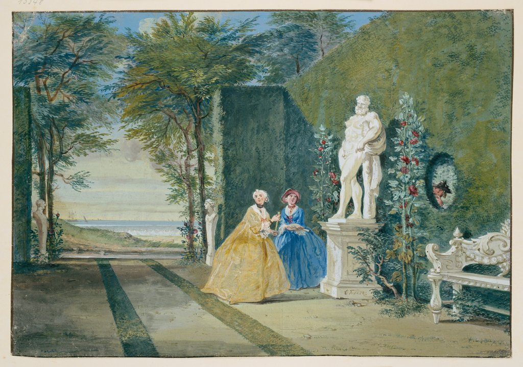 Park view with two young ladies next to a Hercules statue, Cornelis Troost