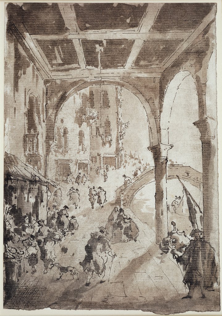 Arkade mit Geschäften an einem Kanal, Francesco Guardi;  Nachahmer