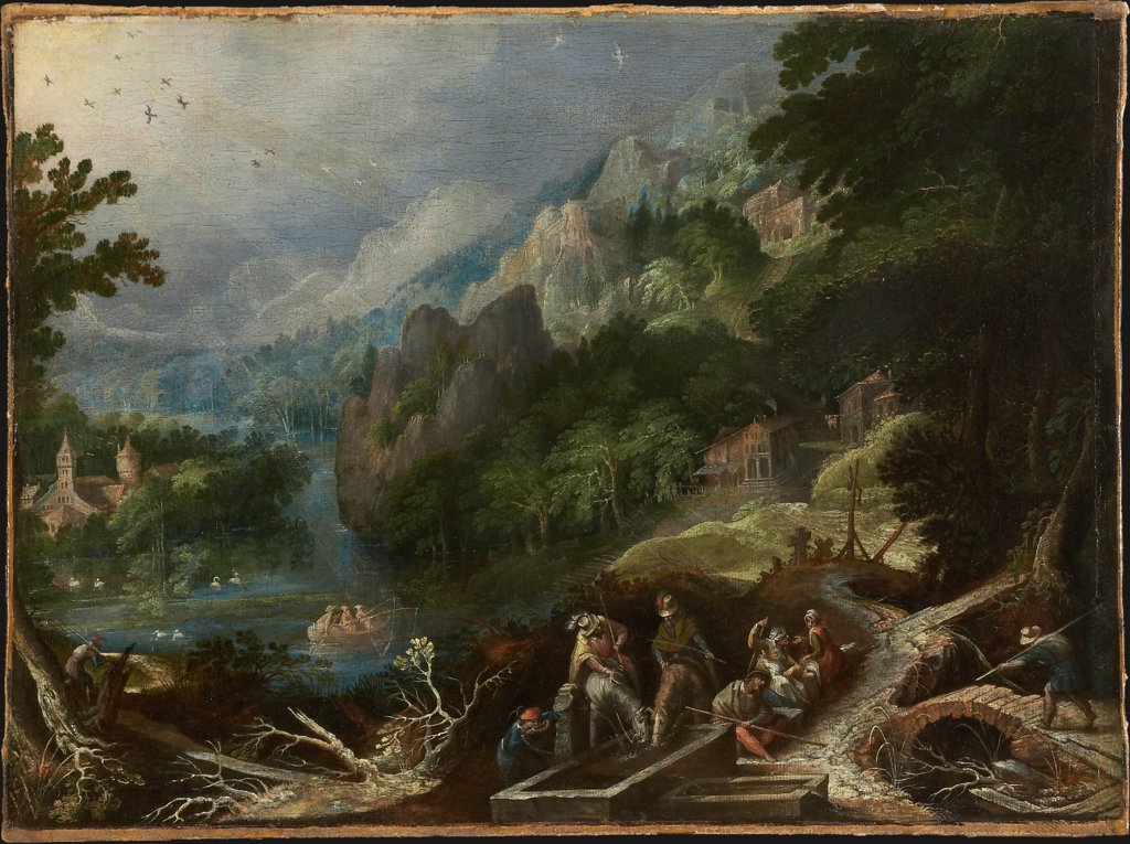 Gebirgslandschaft mit Reisenden an einem Brunnen, Frederik van Valckenborch