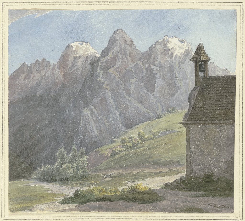 Berggipfel in den Alpen, vorne eine Kapelle, Rudolf Maria Bernhard von Stillfried-Alcantara