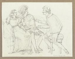 Ein Paar auf einem Sofa unterhält sich mit einem Narren, Friedrich Moosbrugger