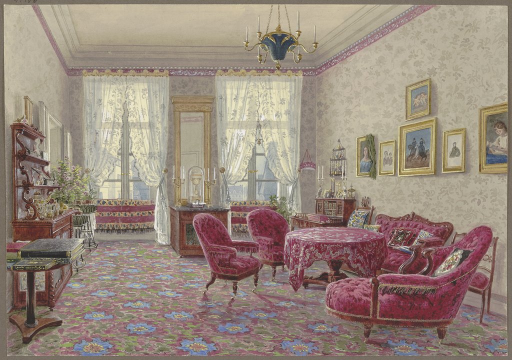 Room with red furniture, German, 19th century