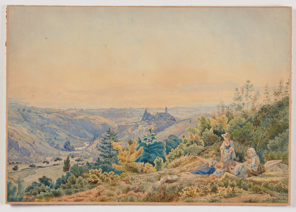 Bergige Landschaft mit Burg und Fluß, vorne rechts rastende Familie, Unknown artist