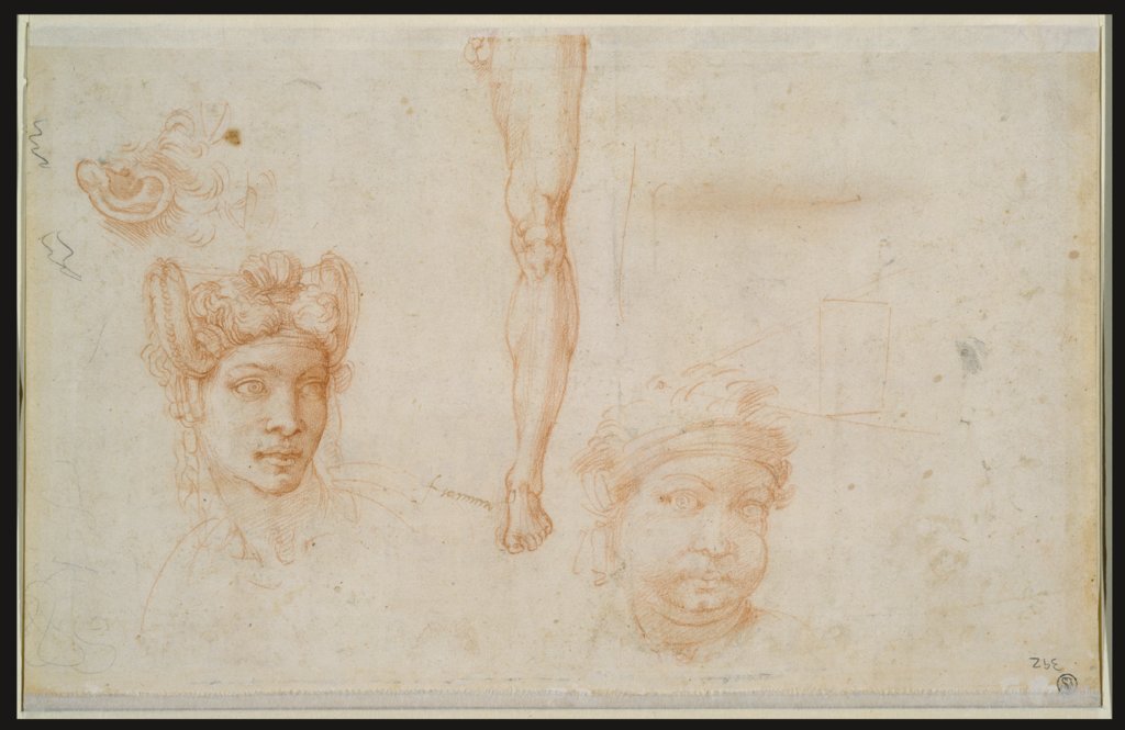 Ohr und zwei Augen, Frauenkopf mit hochgesteckten Zöpfen, Beinstudie, Kopf mit Binde, Schema der Sehpyramide, Michelangelo Buonarroti, Michelangelo Buonarroti;  Schule