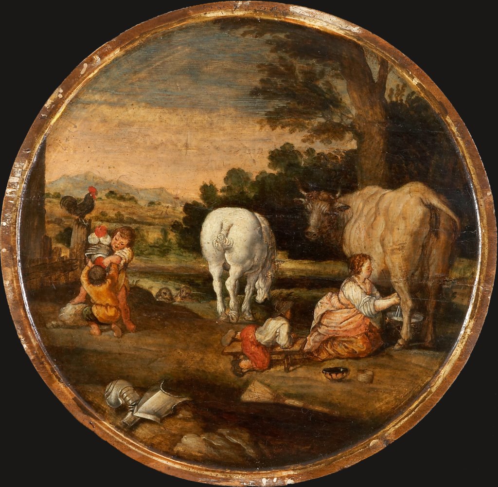 Country Scene with Milkmaid and Children Playing with Armour: March and April, Dutch Master around 1620