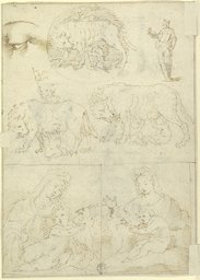 Studienblatt: Wölfin mit Romulus und Remus sowie Madonna, style of Parmigianino;   ?