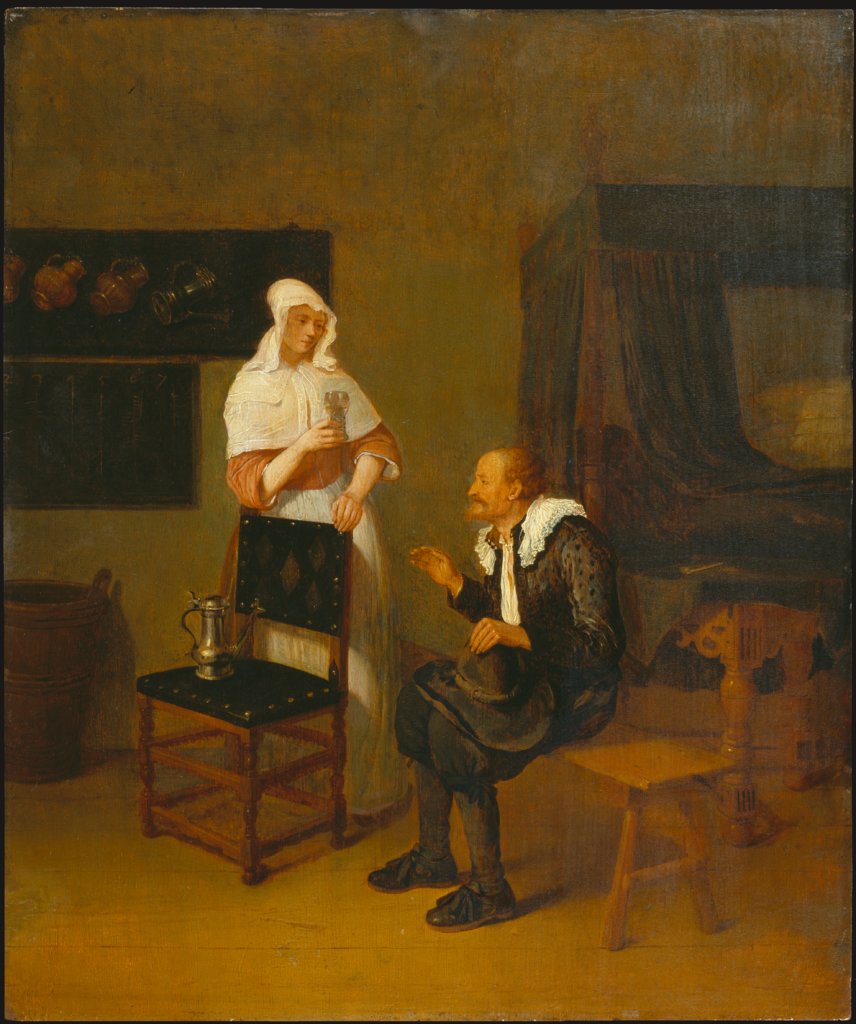 Scene at an Inn with elderly Guest and servant Maid, Quiringh van Brekelenkam