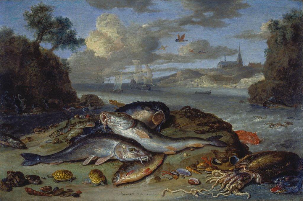 Still Life with Fish and Sea Animals in a Coastal Landscape, Jan van Kessel the Elder