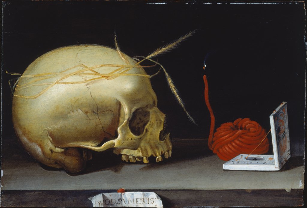 Vanitas-Stillleben mit Totenschädel, Wachsstock und Klappsonnenuhr, Deutscher Meister um 1620