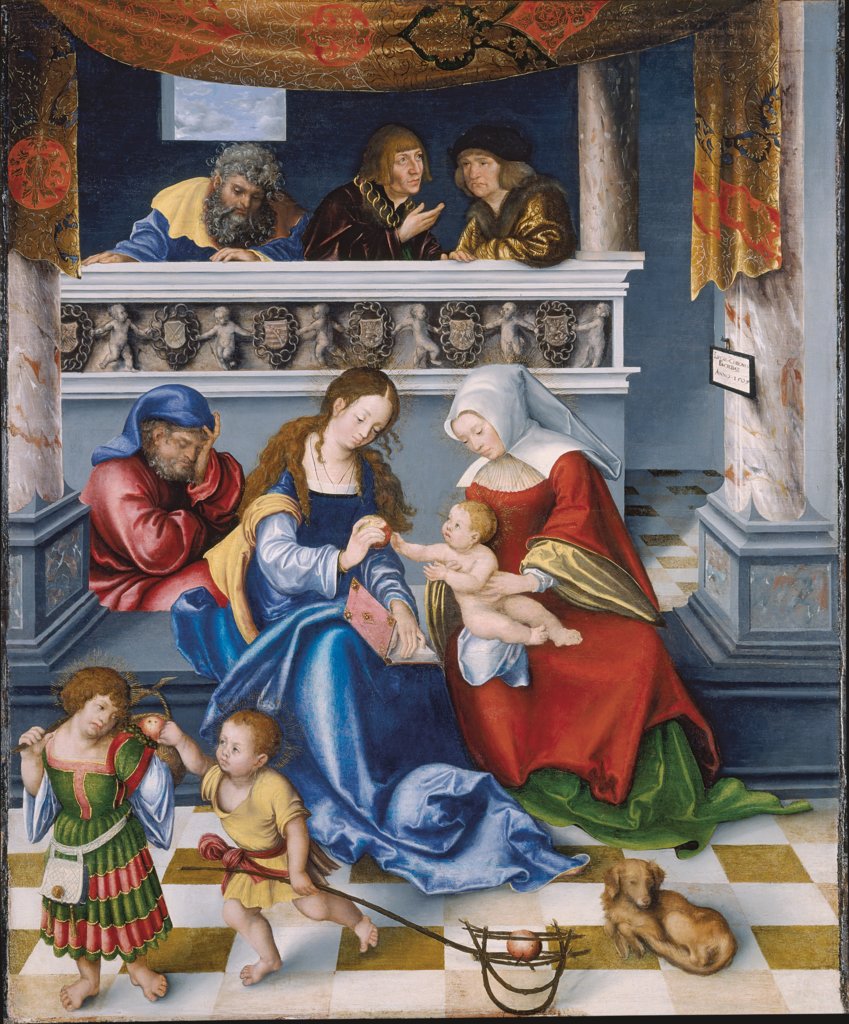 Joseph, Maria, Anna und der Jesusknabe, im Hintergrund die drei Gatten Annas: Joachim, Kleophas (mit den Zügen Kaiser Maximilians I.) und Salomas (mit den Zügen Sixtus Oelhafens?), im Vordergrund zwei Söhne der Maria Kleophas, Lucas Cranach d. Ä.