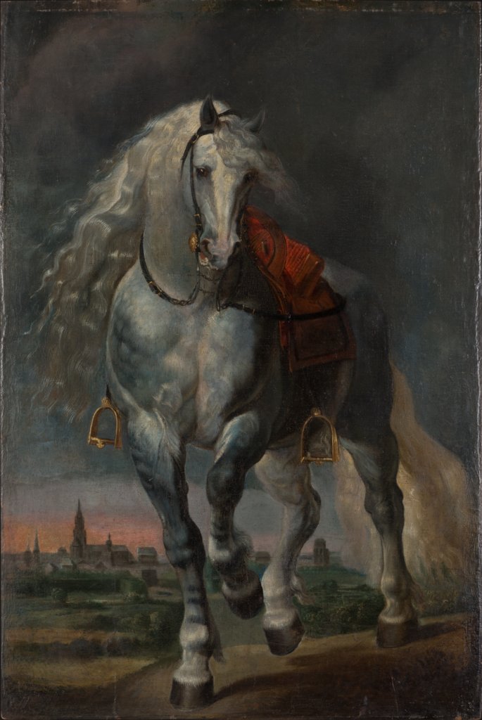 White Horse trotting over a flat Landscape before a City, Peter Paul Rubens;  succession, Anthony van Dyck;  succession