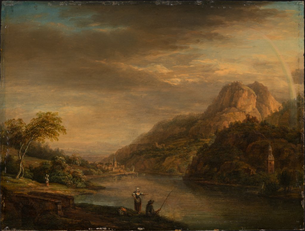 Gebirgige Flusslandschaft mit Regenbogen, Christian Georg Schütz d. Ä.