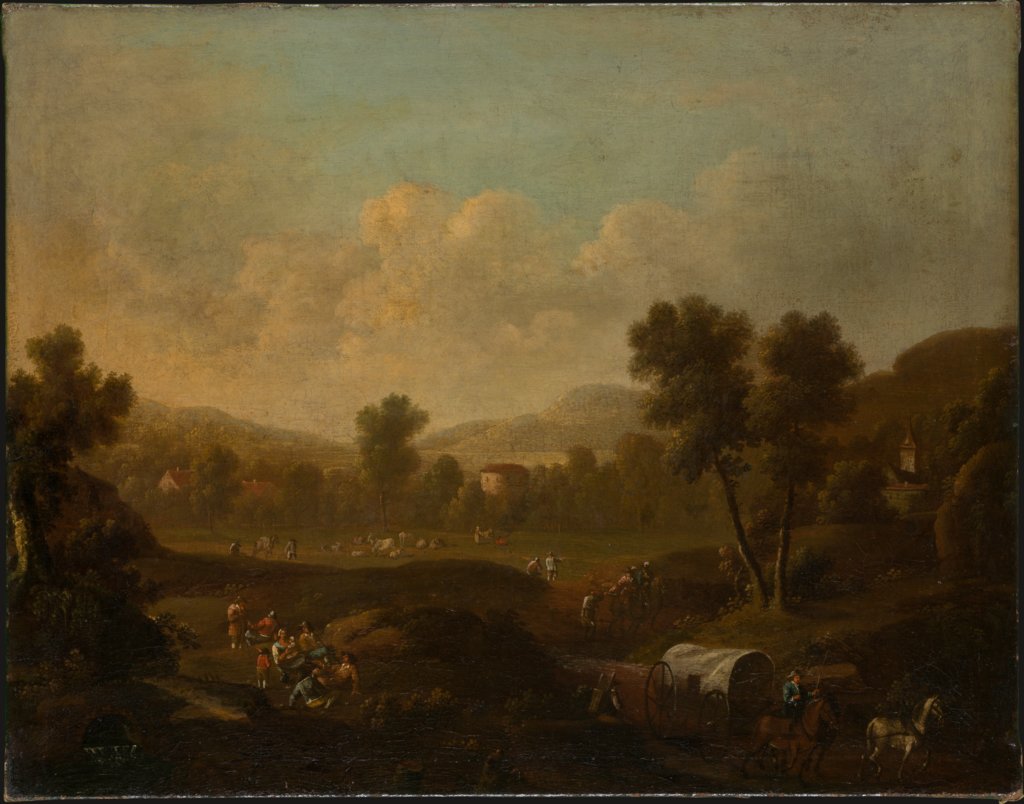 Mountainous Landscape with Figures Resting and Covered Wagon, Dutch Master of the 18th Century