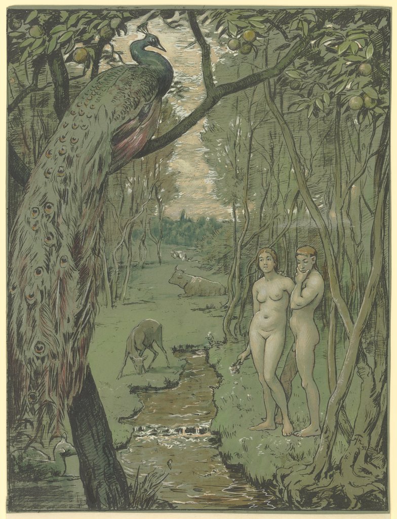 Paradise with Peacock, Hans Thoma, after Hans Thoma, Hans Thoma