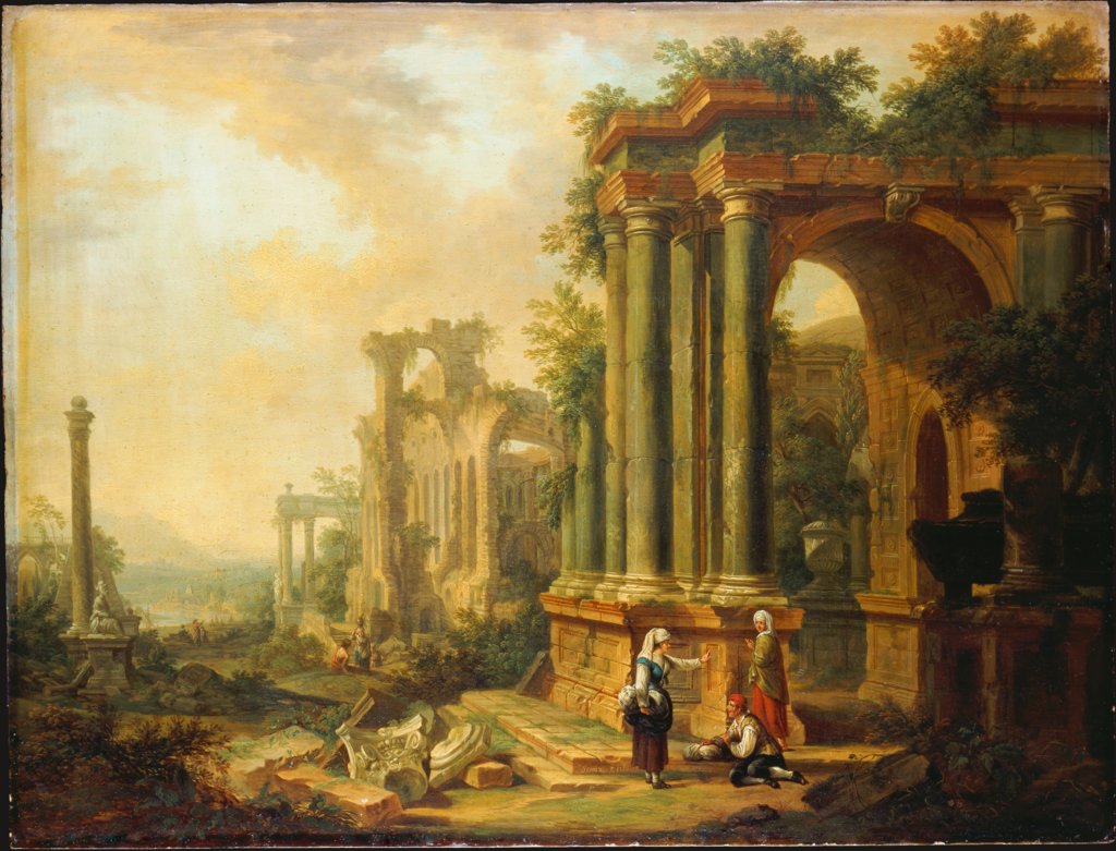 Ruinenlandschaft mit freistehender Säule, Christian Georg Schütz d. Ä.