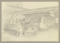 Inneres eines Harzer (?) Eisenhammers, ein Schmied beim Ausschmieden der Luppe unter dem Vorschlaghammer, Carl Theodor Reiffenstein