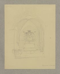 Kreuzrippengewölbter Chorraum einer Kirche in Kronberg mit geöffnetem Hochaltar und Taufstein, Carl Theodor Reiffenstein