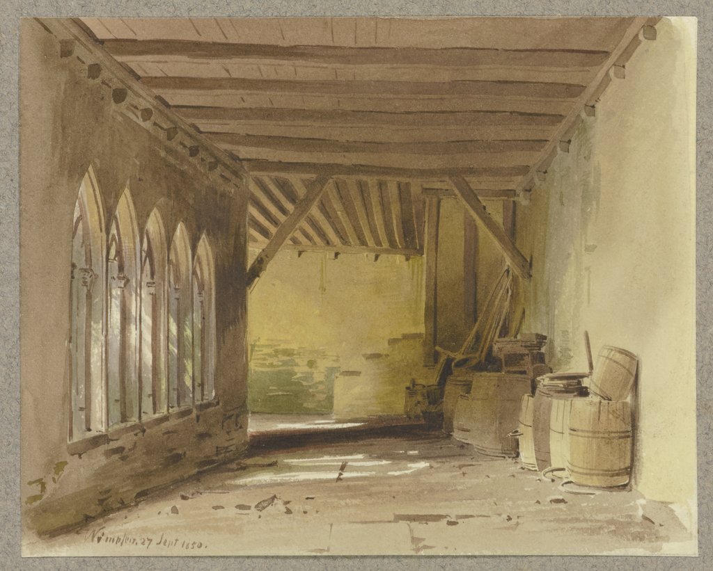 Kreuzgang der Stiftskirche St. Peter und Paul in Bad Wimpfen, in dem Holzfässer lagern, Carl Theodor Reiffenstein