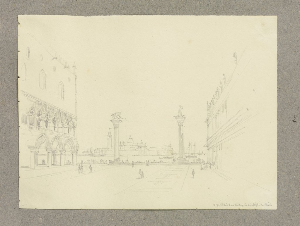 Blick über die Piazzetta des Markusplatzes, links der Dogenpalast, mittig die Säulen der Heiligen Markus und Theodor von Euchaïta, dahinter der Bacino di San Marco, rechts die Biblioteca Nazionale Marciana, Carl Theodor Reiffenstein