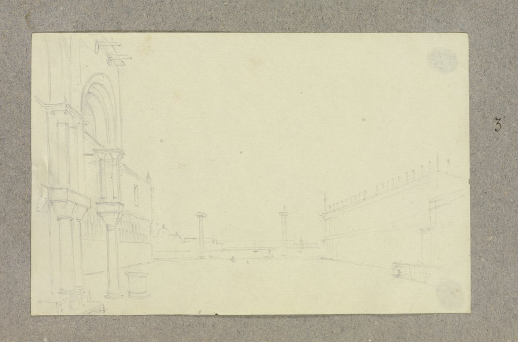 Blick über die Piazzetta des Markusplatzes, links der Dogenpalast, mittig die Säulen der Heiligen Markus und Theodor von Euchaïta, dahinter der Bacino di San Marco, rechts die Biblioteca Nazionale Marciana, Carl Theodor Reiffenstein