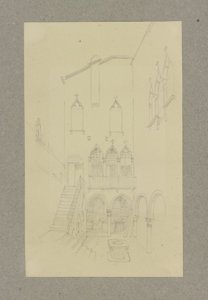 Innenhof mit Brunnen, Arkaden und Treppe in Venedig, Carl Theodor Reiffenstein