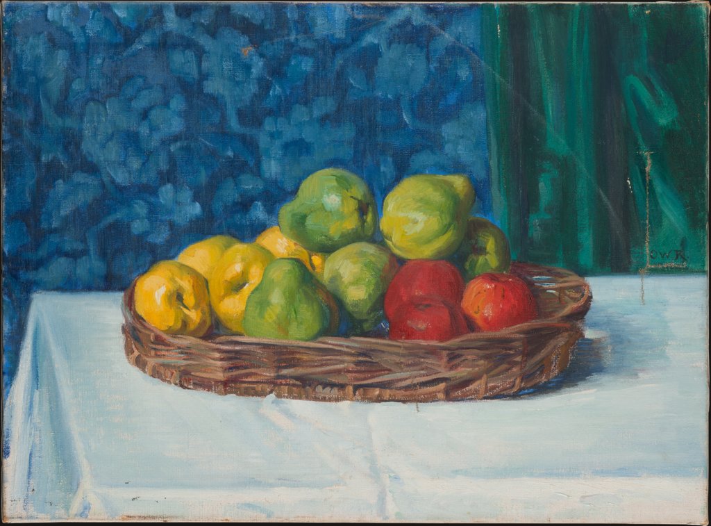 Still Life: Basket with Fruit on a Table in front of a Curtain and Wallpaper, Ottilie W. Roederstein