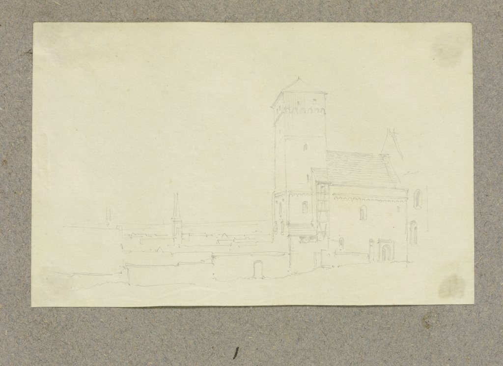 Burgkapelle (Kaiserkapelle) der Nürnberger Kaiserburg mit dem Heidenturm, im Hintergrund die Kirchtürme der Nürnberger Altstadt, Carl Theodor Reiffenstein