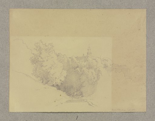 Landweg, auf das hinter Bäumen gelegene Kloster Altenberg zuführend, Carl Theodor Reiffenstein