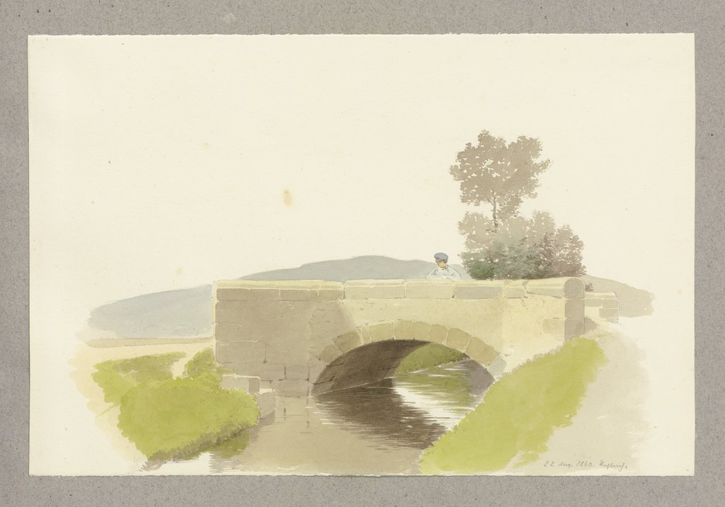 Eine über den Rehbach führende steinerne Bogenbrücke, auf dieser ein aufs Wasser schauender Mann, Carl Theodor Reiffenstein