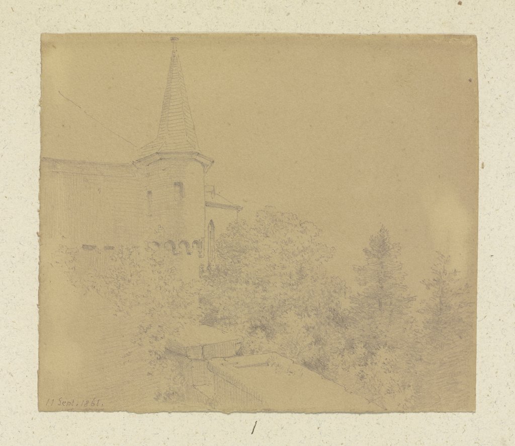 Partie von Schloss Braunfels, im Hintergrund der Chor der Schlosskirche, Carl Theodor Reiffenstein