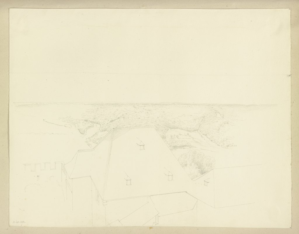 Blick über die Dächer von Schloss Braunfels auf die umliegende Waldlandschaft, Carl Theodor Reiffenstein