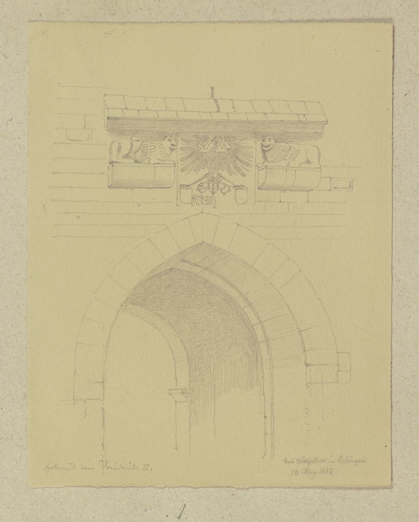 Das Wolfstor mit Löwenskulpturen und Wappenadler in Esslingen, Carl Theodor Reiffenstein