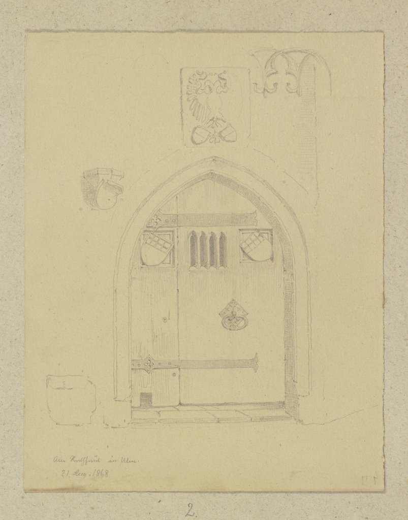 Holztür mit geschnitzten Wappen am Ulmer Rathaus, Carl Theodor Reiffenstein