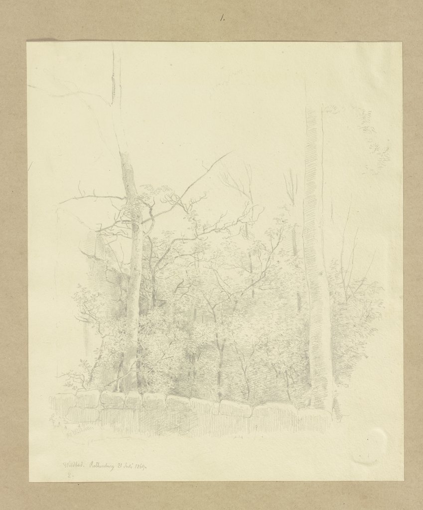 Waldstück hinter einer kleinen Mauer im Wildbad bei Rothenburg ob der Tauber, Carl Theodor Reiffenstein