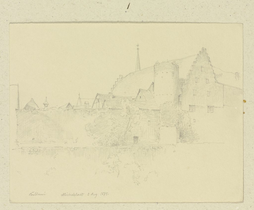 Michelstadt, rechts hinter der Stadtmauer die Burg Michelstadt, dahinter die Spitze des Turms der Stadtkirche, Carl Theodor Reiffenstein